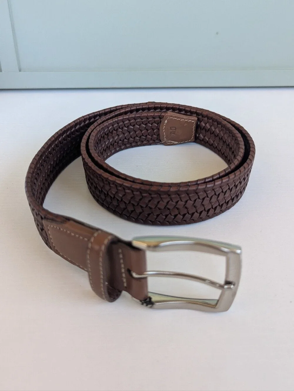 Men's Woven Brown Leather Belt with Polished Silver Buckle